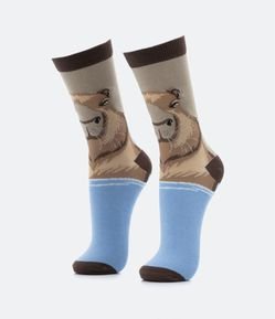 Meia Cano Alto em Algodão com Estampa de Capivara
