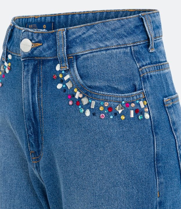 Calça Mom em Jeans com Pedrinhas Coloridas nos Bolsos Azul 5