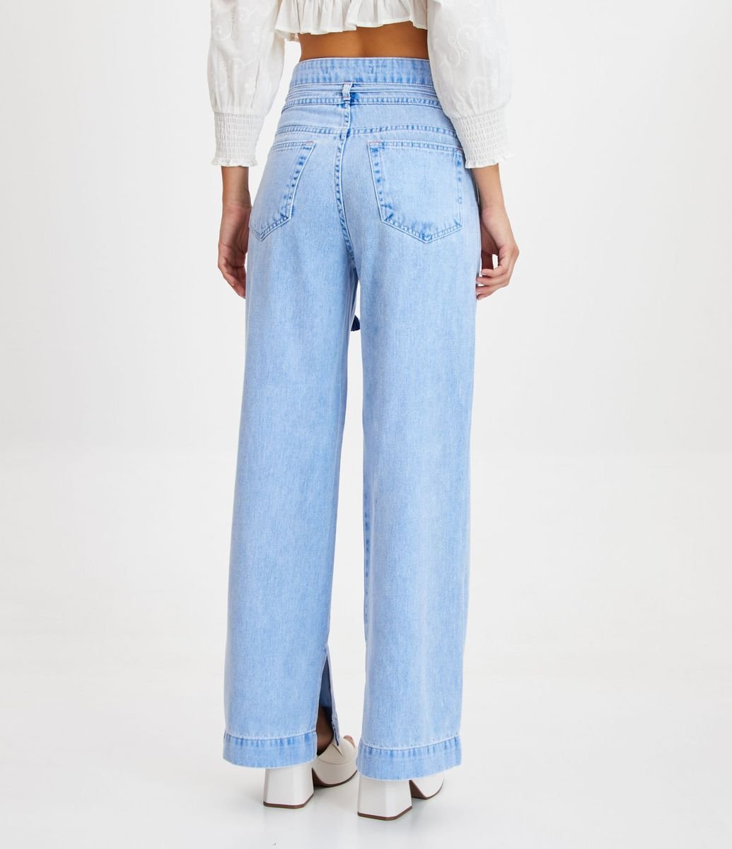 Calça Wide Leg Jeans com Cordão e Abertura na Barra Azul - Renner
