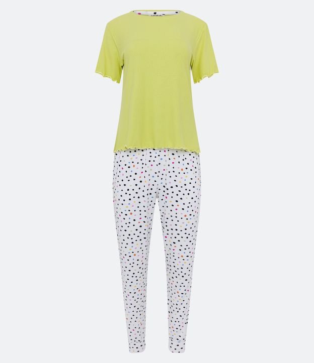 Pijama Longo em Ribana com Estampa Poá - Cor: Verde/Poá Colorido - Tamanho: G