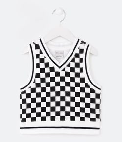 Colete Infantil Xadrez com Detalhes em Tricô - Tam 5 a 14 Anos