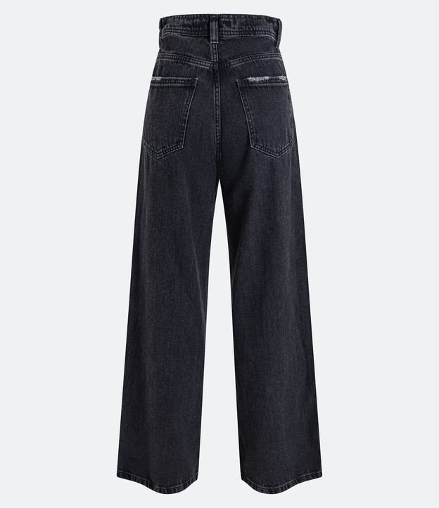 Calça Wide Leg Jeans com Cintura Alta e Barra Corte a Fio Preto
