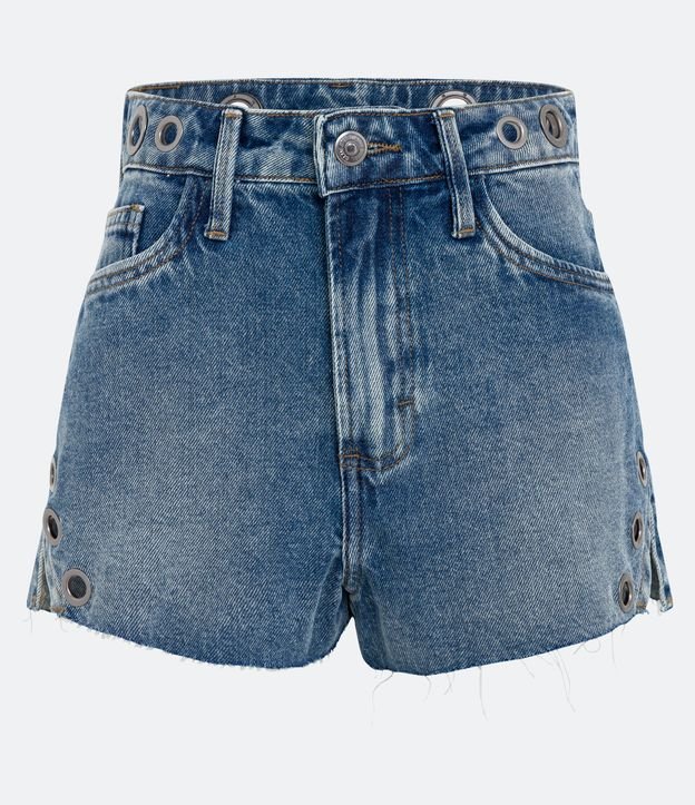 Short Cintura Alta em Jeans com Furinhos Metálicos e Fendas Azul 5