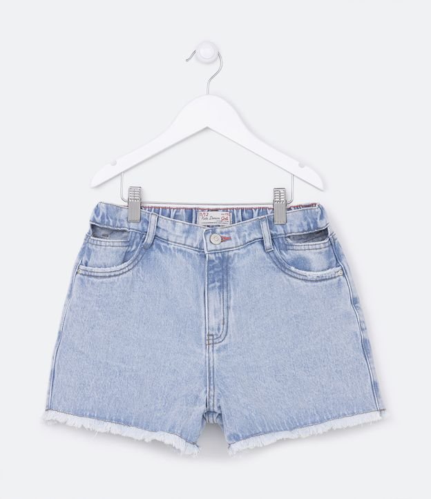 Short Infantil en Jeans con Cutout en el Bolsillo y Terminación Deshilachada - Talle 5 a 14 años Azul 1