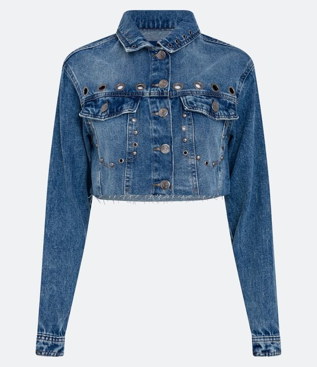 Jaqueta Cropped em Jeans com Furinhos e Barra a Fio Azul 5
