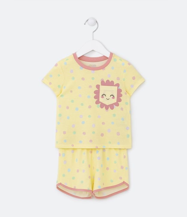 Pijama Curto Infantil com Bolsinho e Estampa de Florzinha - Tam 1 a 4 Anos Amarelo 1