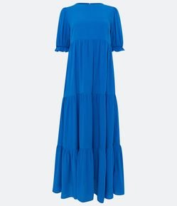 Vestido Midi em Viscose com Manga Bufante e Recortes Franzidos