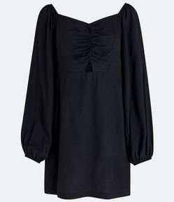 Vestido Curto em Sarja com Franzido Frontal e Mangas Bufantes