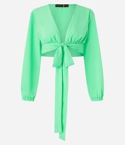 Blusinha Cropped em Crepe com Decote V e Laço na Cintura