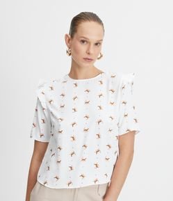 Blusa em Crepe com Babados nos Ombros e Estampa de Pequenos Tigres