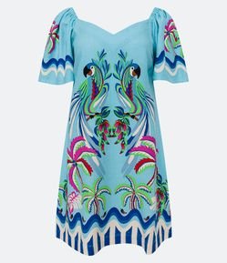 Vestido Curto em Linho com Mangas Amplas e Estampa