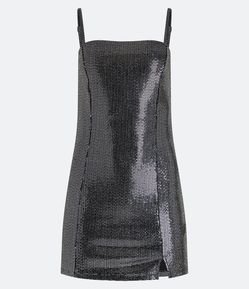 Vestido Tubinho Laminado com Decote Reto e Fenda na Barra