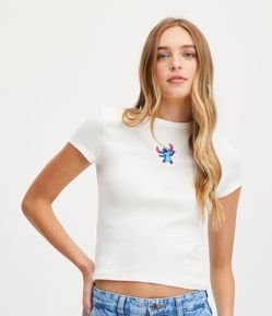 Blusa em Ribana com Manga Curta e Estampa Stitch