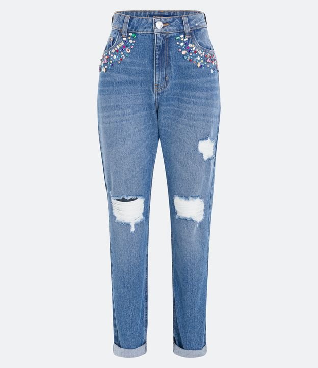 Calça Mom em Jeans com Rasgos e Pedrinhas Coloridas Azul 5