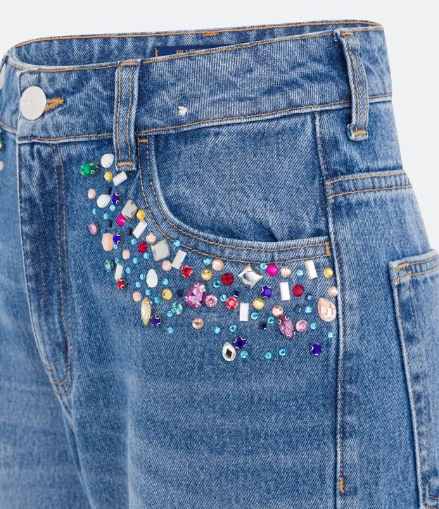 Calça Mom em Jeans com Rasgos e Pedrinhas Coloridas Azul 6