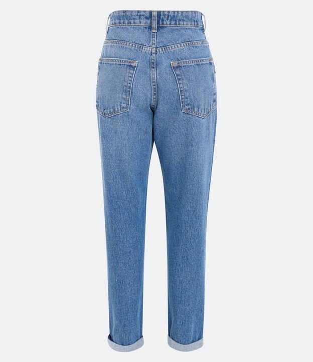 Calça Mom em Jeans com Rasgos e Pedrinhas Coloridas Azul 7