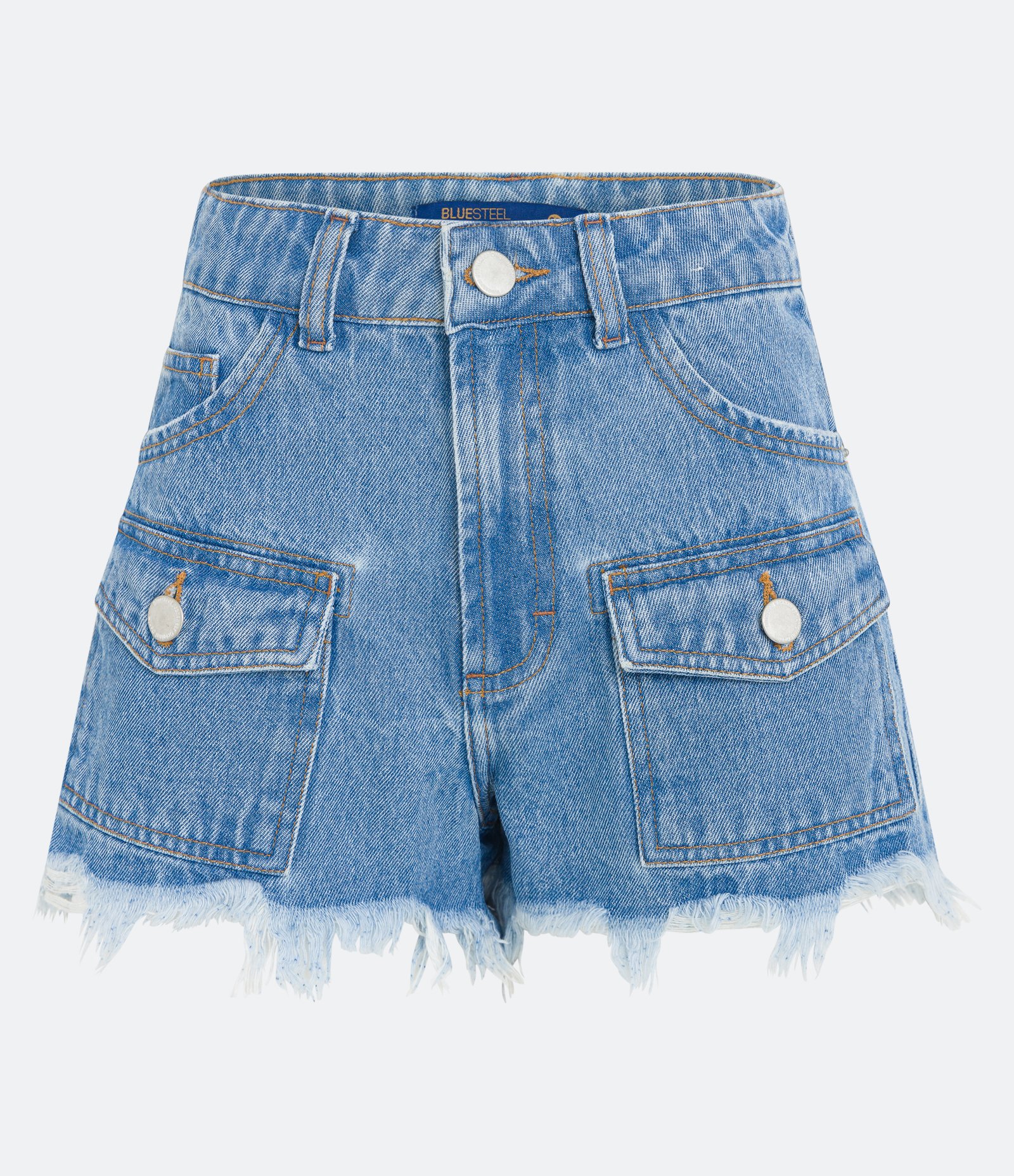 Short Jeans Cintura Média com Bolsos Cargo e Barra Desfiada Azul 5