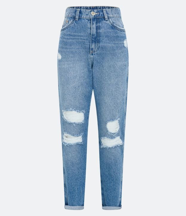 Calça Mom em Jeans com Rasgos e Barra Dobrada Azul 5
