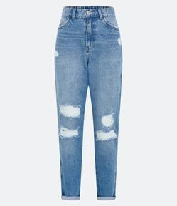 Calça Mom em Jeans com Rasgos e Barra Dobrada