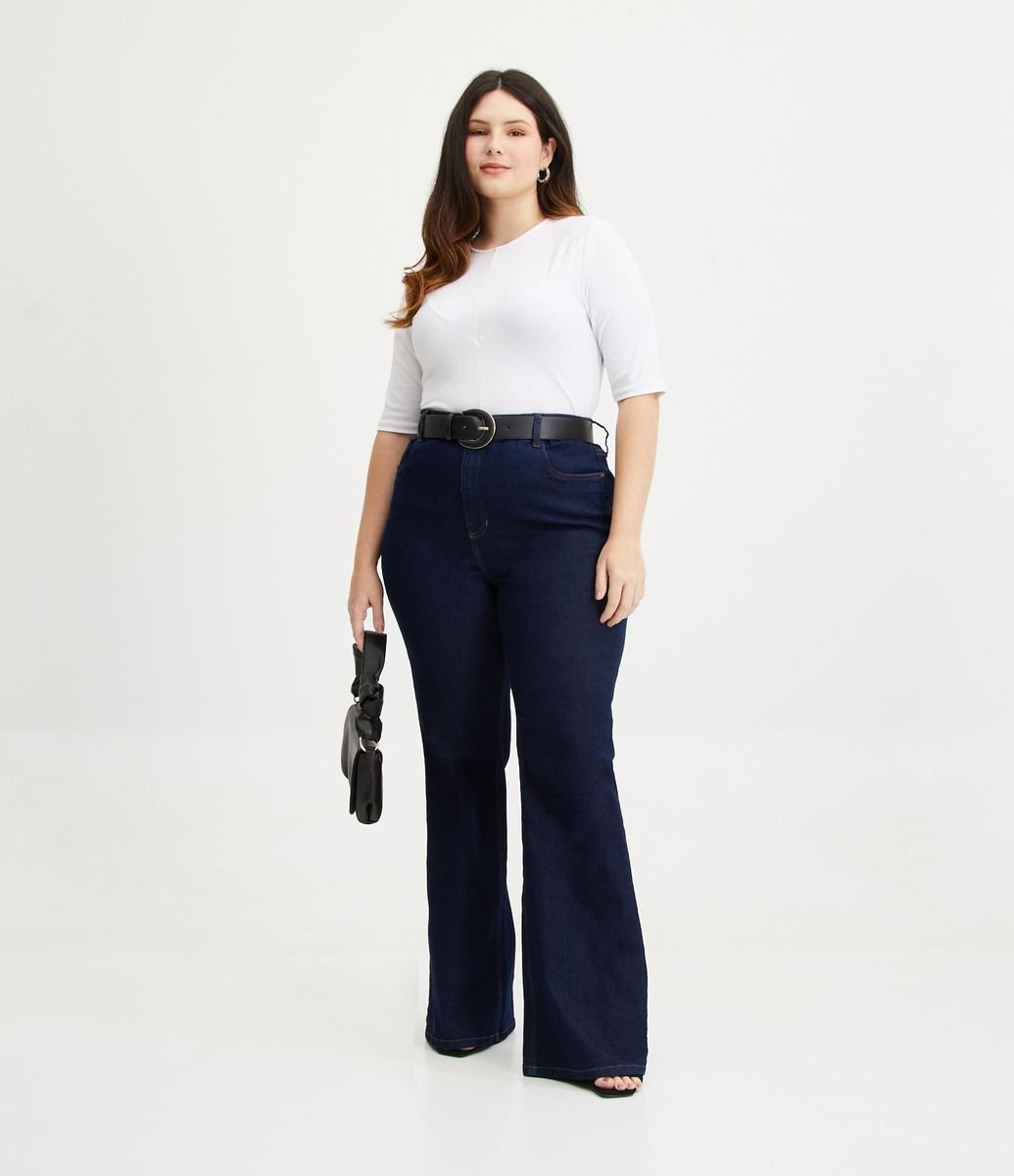 Calça Flare Jeans com Botão Forrado Curve & Plus Size Azul