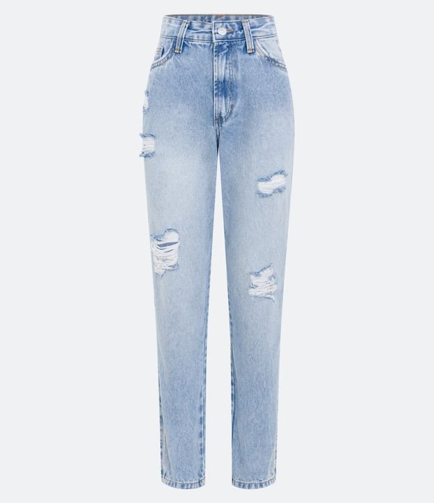 Calça Mom Jeans com Rasgos e Listras Brilhantes Laterais Azul 5