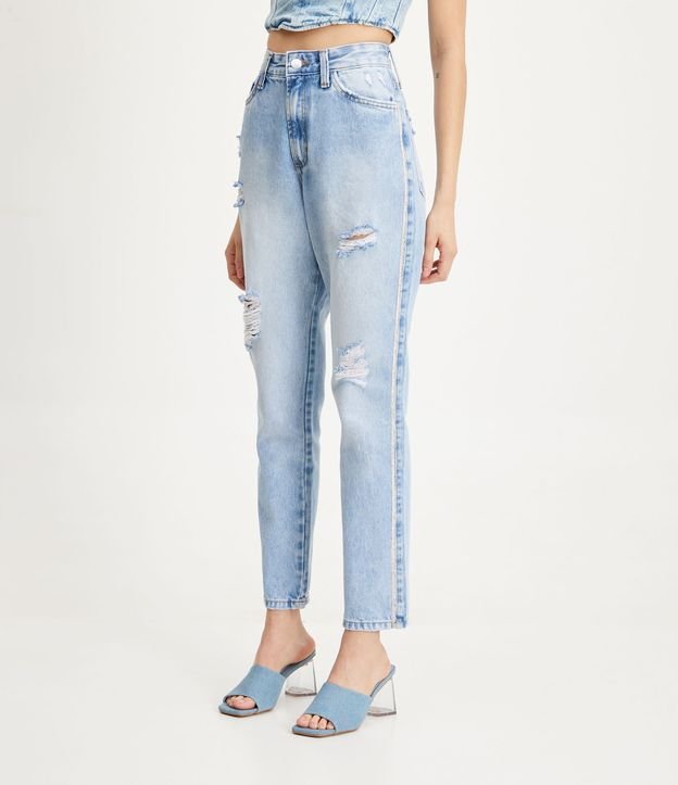 Calça Mom Jeans com Rasgos e Listras Brilhantes Laterais Azul 2