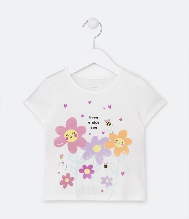 Blusa Infantil com Estampa de Flores com Lettering e Abelhinha - Tam 1 a 5 Anos Branco 1