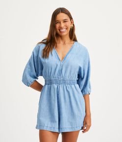 Macaquinho em Jeans com Manga 3/4 e Elástico na Cintura