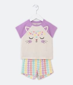 Pijama Curto Infantil com Estampa Carinha de Gato - Tam 2 a 4 Anos