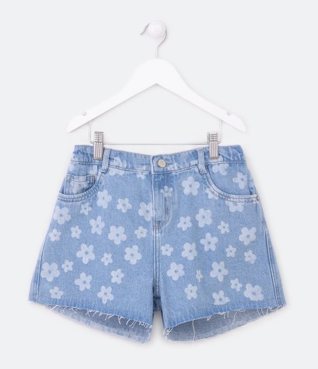 Short Cintura Alta Infantil em Jeans com Estampa de Florzinhas - Tam 5 a 14 Anos Azul 1