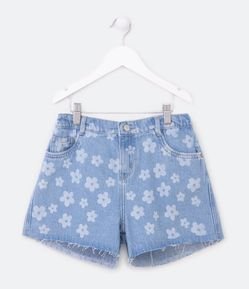 Short Cintura Alta Infantil em Jeans com Estampa de Florzinhas - Tam 5 a 14 Anos