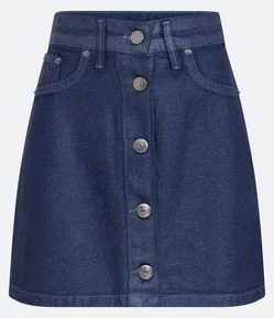 Saia Curta Jeans com Abotoamento Frontal e Textura Resinada