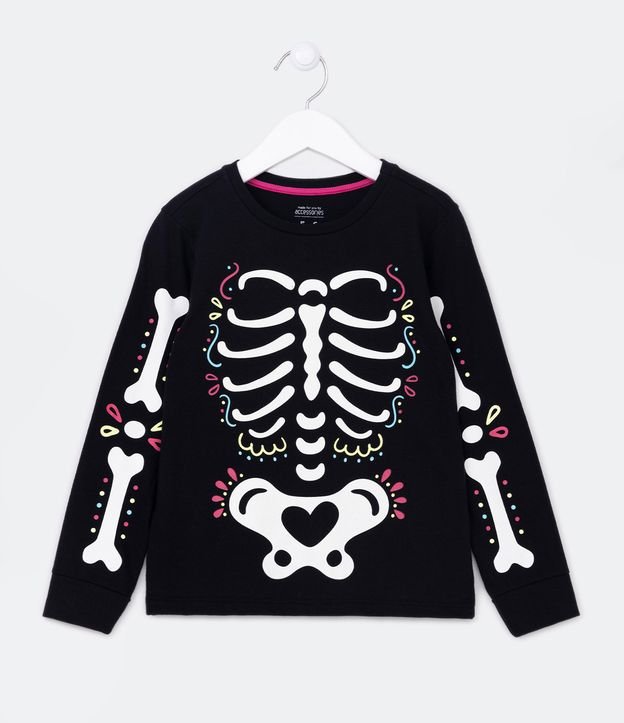 Pijama Longo Infantil com Estampa Esqueleto Brilha no Escuro - Tam 5 a 14 Anos Preto 2