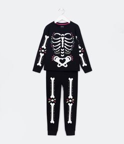 Pijama Longo Infantil com Estampa Esqueleto Brilha no Escuro - Tam 5 a 14 Anos
