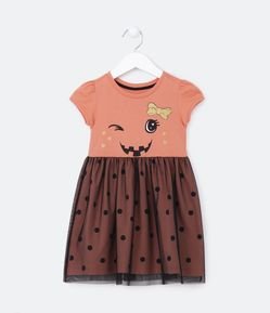 Camisola Infantil Estampa Abóbora com Saia Poá em Tule - Tam 2 a 4 Anos