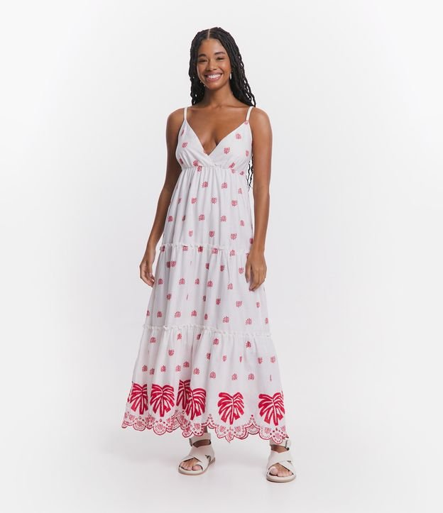 Vestido New Midi em Tricoline com Bordado de Folhagem e Richilieu na Barra