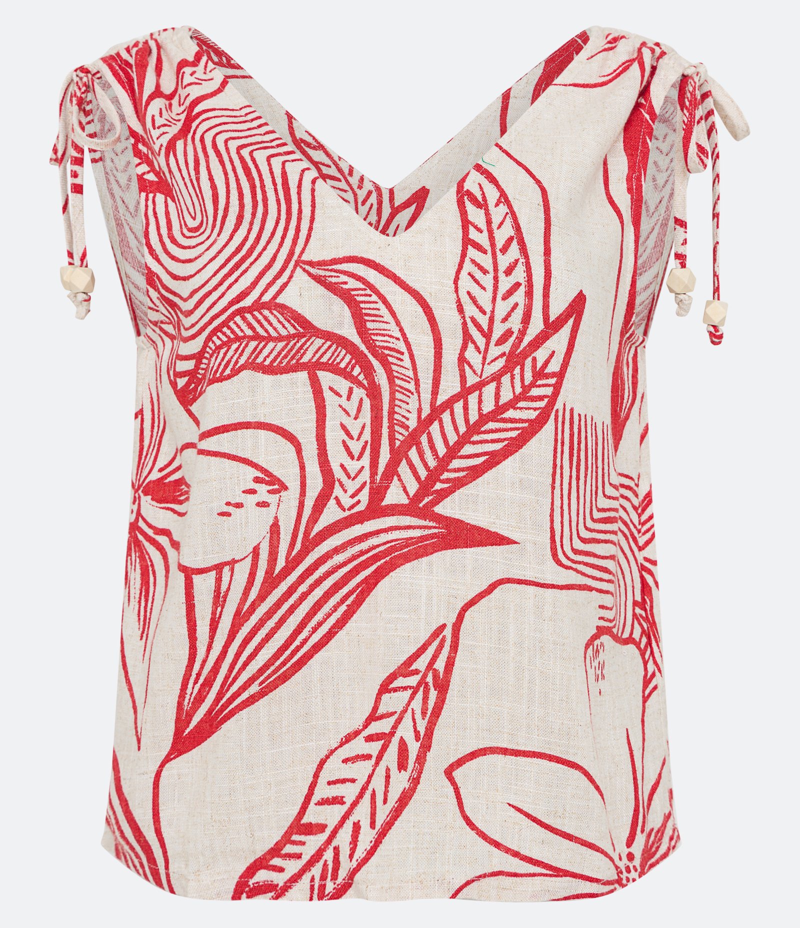 Blusa Sem Manga em Viscolinho com Amarração e Folhagens Estmpadas Bege 5