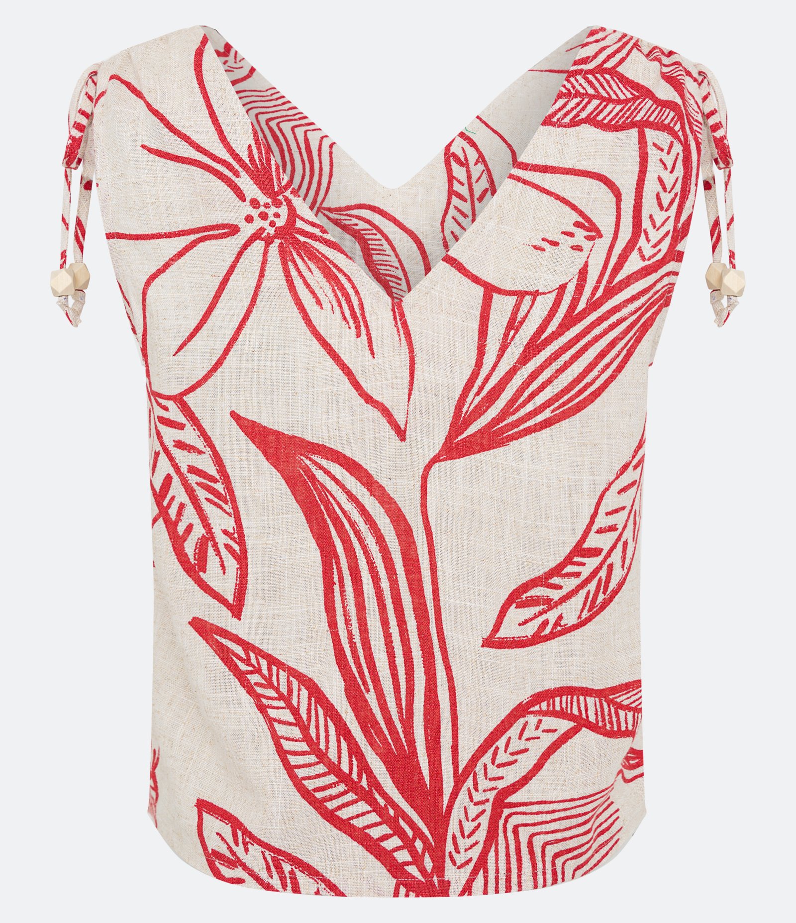 Blusa Sem Manga em Viscolinho com Amarração e Folhagens Estmpadas Bege 6