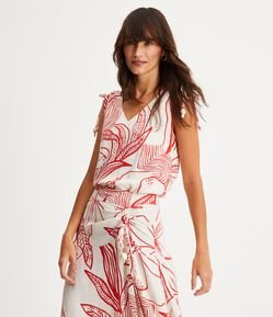 Blusa Sem Manga em Viscolinho com Amarração e Folhagens Estmpadas