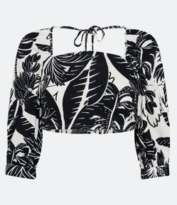 Blusa em Linho com Lastex nas Costas e Estampa Floral Tropical
