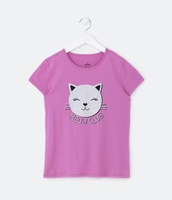 Blusa Infantil Estampa de Gatinha com Glitter - Tam 5 a 14 Anos