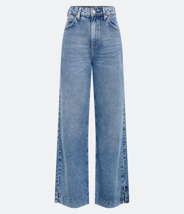 Pantalón Wide Leg Jeans con Barra Larga y Abertura Azul 6