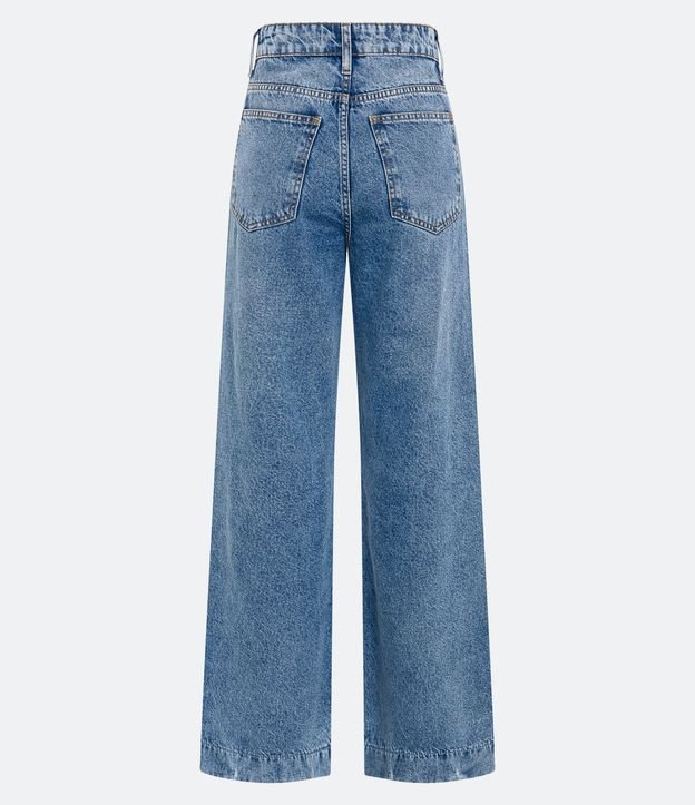 Pantalón Wide Leg Jeans con Barra Larga y Abertura Azul 7