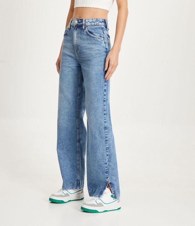 Pantalón Wide Leg Jeans con Barra Larga y Abertura Azul 2