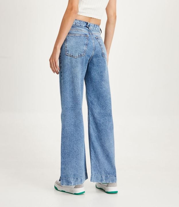 Pantalón Wide Leg Jeans con Barra Larga y Abertura Azul 3