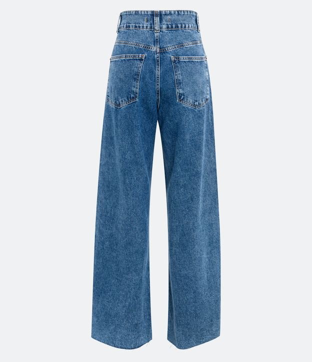 Pantalón WIde Leg Cintura Alta en Jeans con Bolsillos y Bajo a Hilo Azul 6