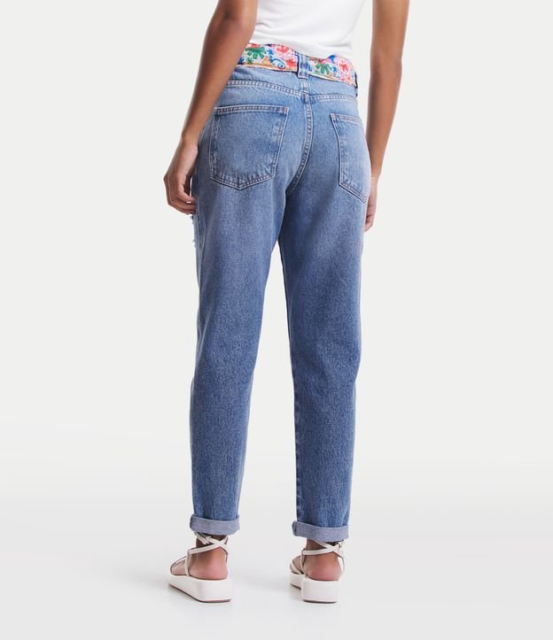 Calça Mom Jeans com Puídos e Bolso Reto Azul 3