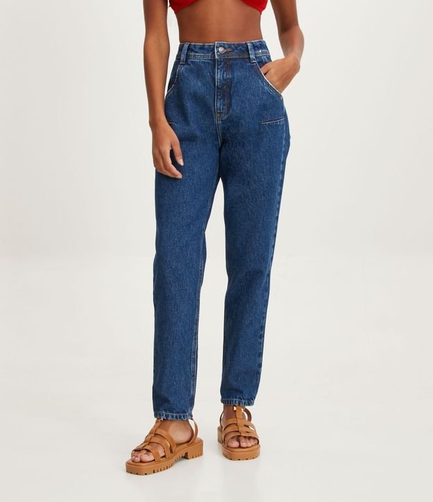 Calça Mom Jeans com Pence Lateral Azul 2