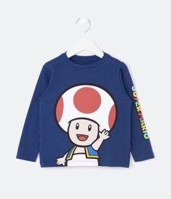 Camiseta Infantil com Estampa Toad Mário Bros com Lettering na Manga - Tam 3 a 10 Anos
