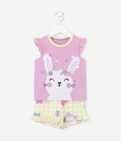 Pijama Corto Infantil con Estampado de Conejito con Flores - Talle 1 a 4 años